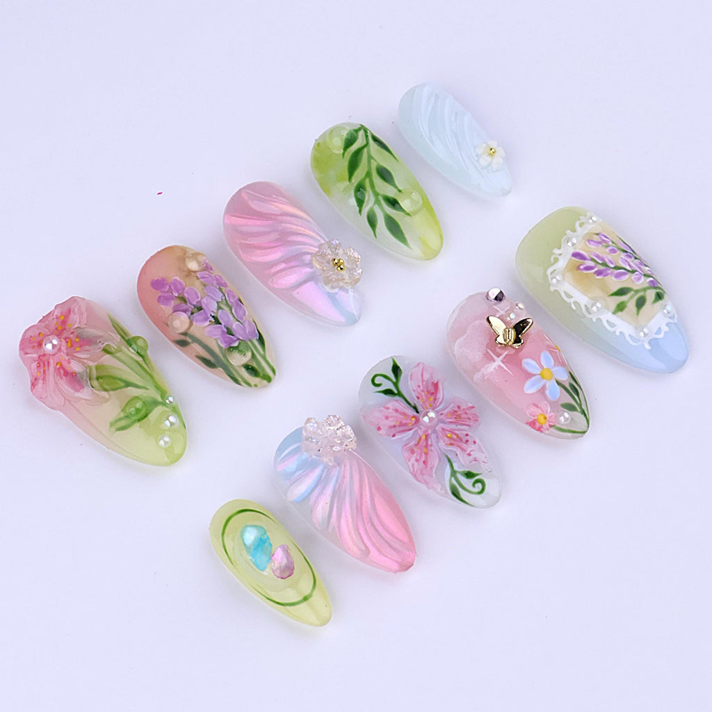 Spring Pastel Garden Press On Nails | Hand Painted Floral & Butterfly in Medium Almond | 3D Romantic Nail Art Set