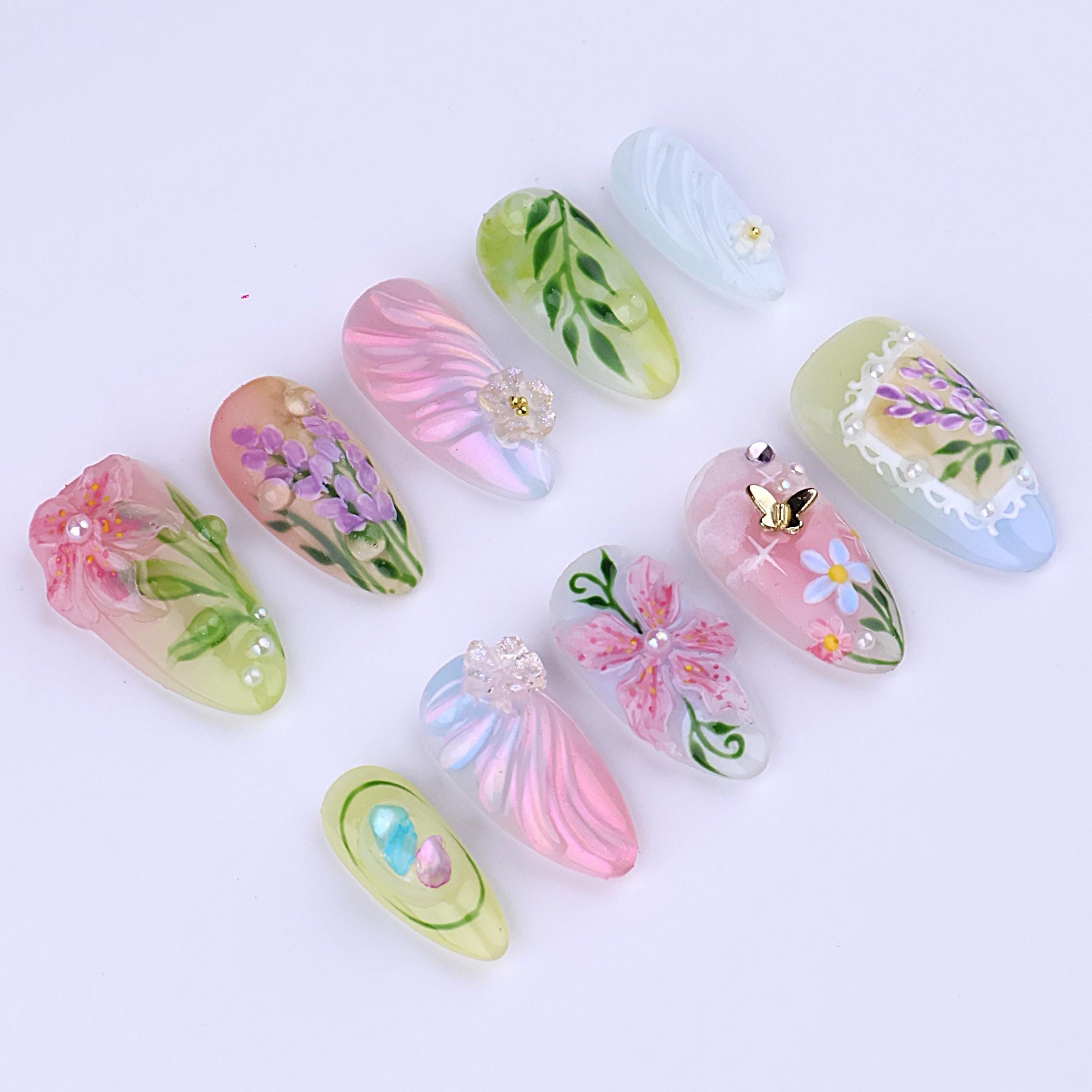 Spring Pastel Garden Press On Nails | Hand Painted Floral & Butterfly in Medium Almond | 3D Romantic Nail Art Set