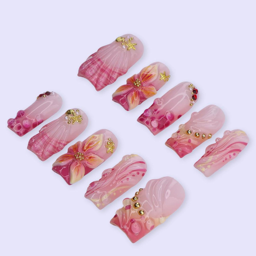Spring Blush Seashell Press On Nails | Pink Floral & Starfish Design in Medium Square | Handmade 3D Nail Art Set
