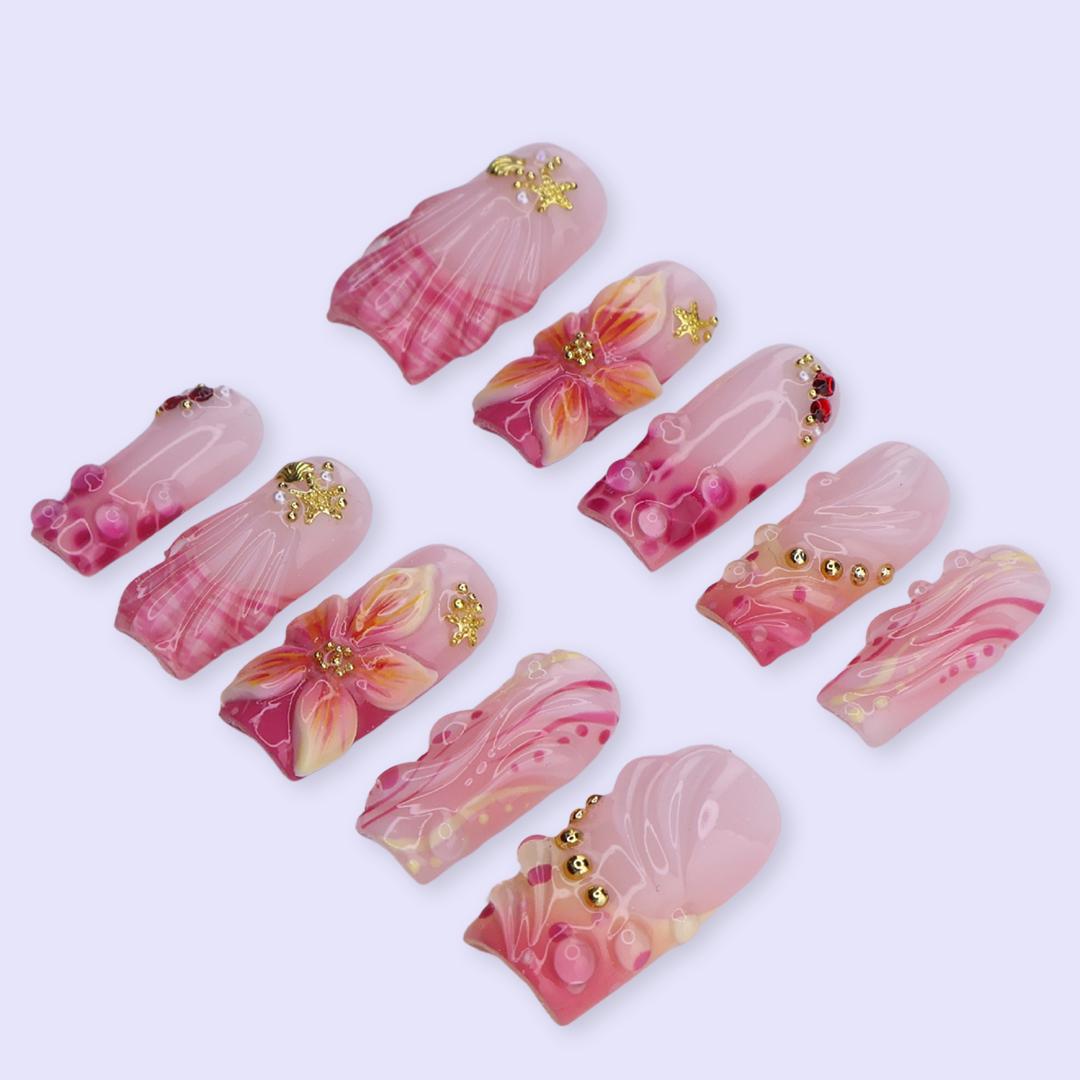 Spring Blush Seashell Press On Nails | Pink Floral & Starfish Design in Medium Square | Handmade 3D Nail Art Set