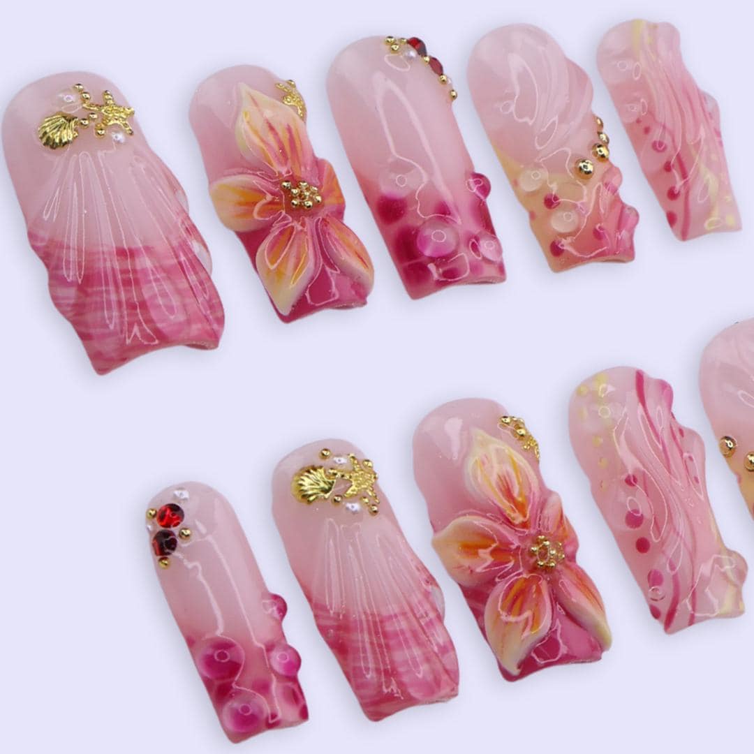 Spring Blush Seashell Press On Nails | Pink Floral & Starfish Design in Medium Square | Handmade 3D Nail Art Set