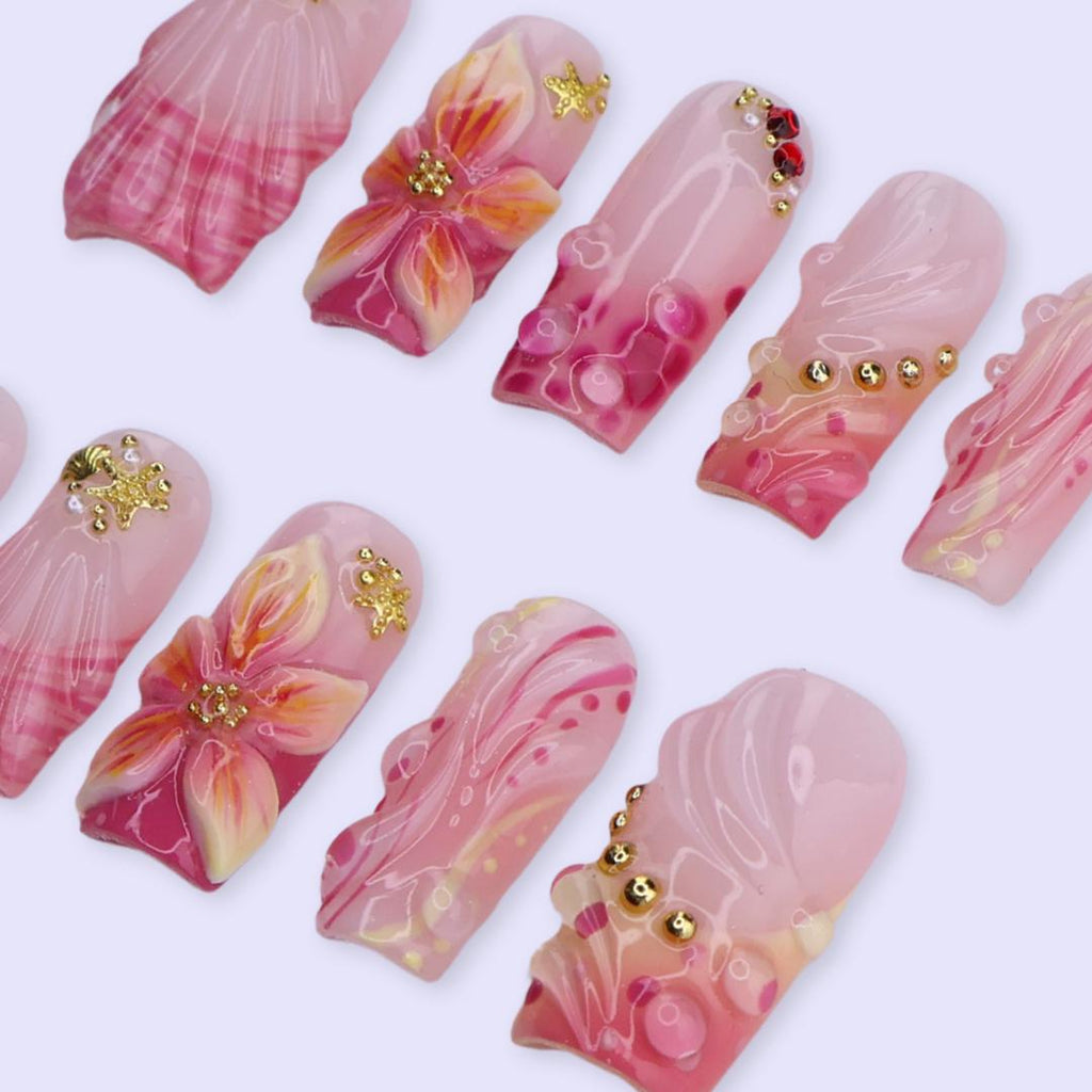 Spring Blush Seashell Press On Nails | Pink Floral & Starfish Design in Medium Square | Handmade 3D Nail Art Set
