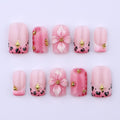 Spring Pink Leopard Press On Nails with 3D Flower & Gold Star Charms | Short Square Handmade Fake Nails Set for Birthday, Vacation, Party