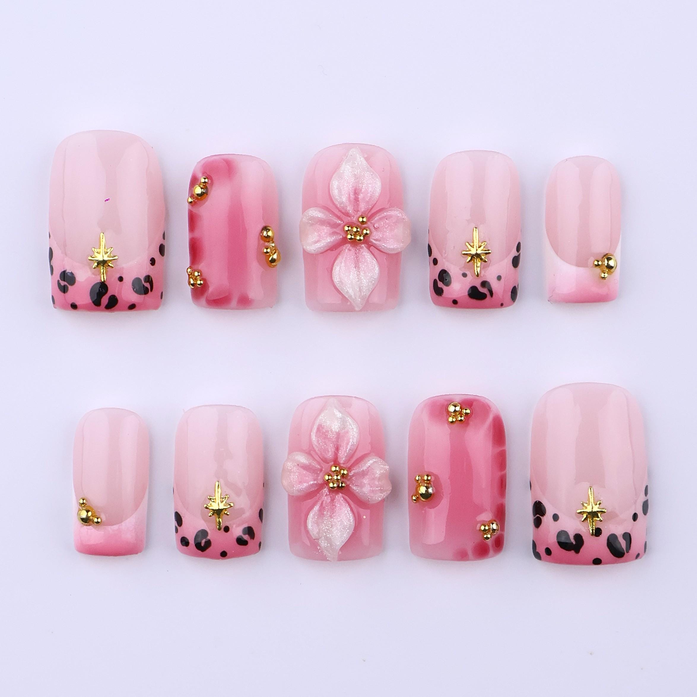 Spring Pink Leopard Press On Nails with 3D Flower & Gold Star Charms | Short Square Handmade Fake Nails Set for Birthday, Vacation, Party
