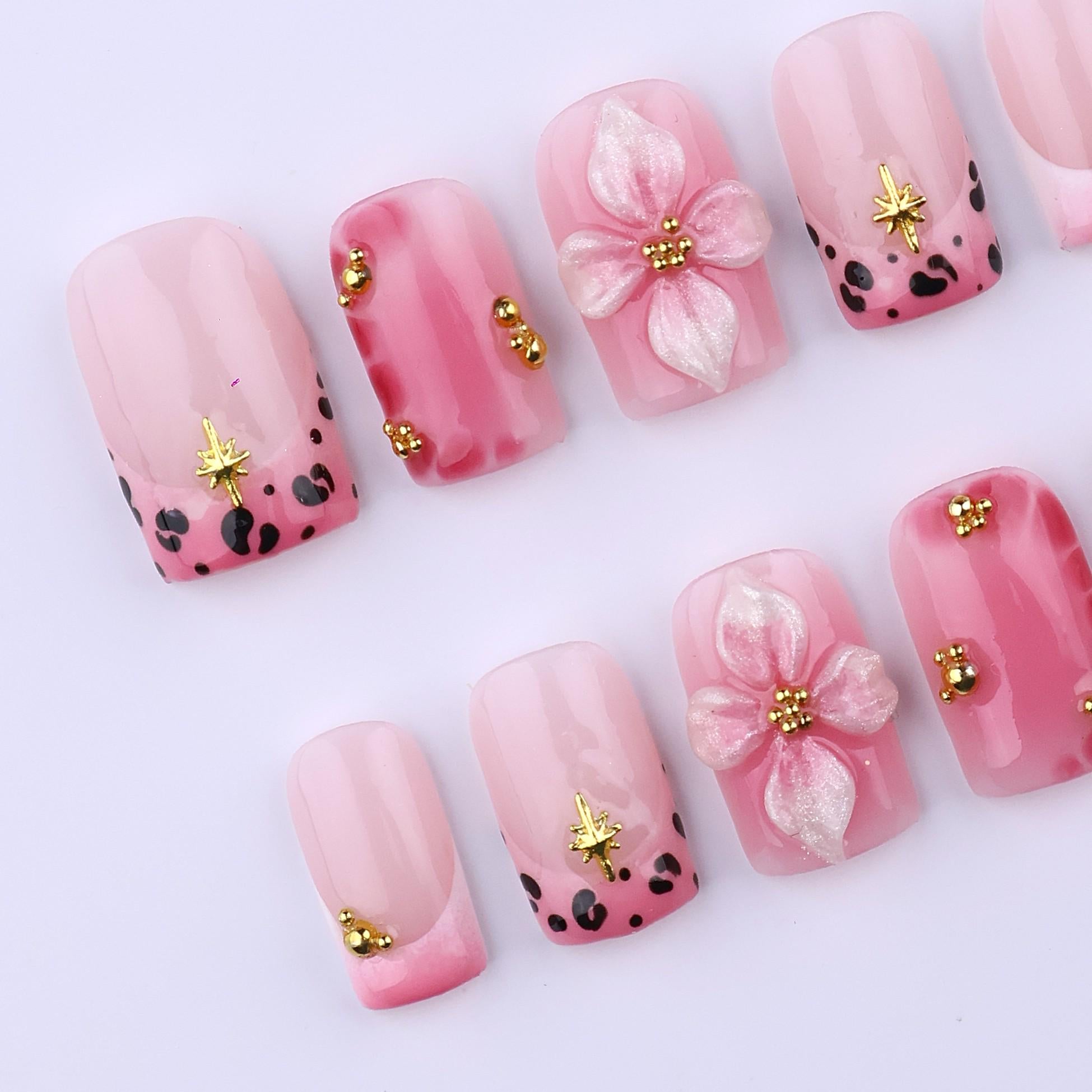 Spring Pink Leopard Press On Nails with 3D Flower & Gold Star Charms | Short Square Handmade Fake Nails Set for Birthday, Vacation, Party