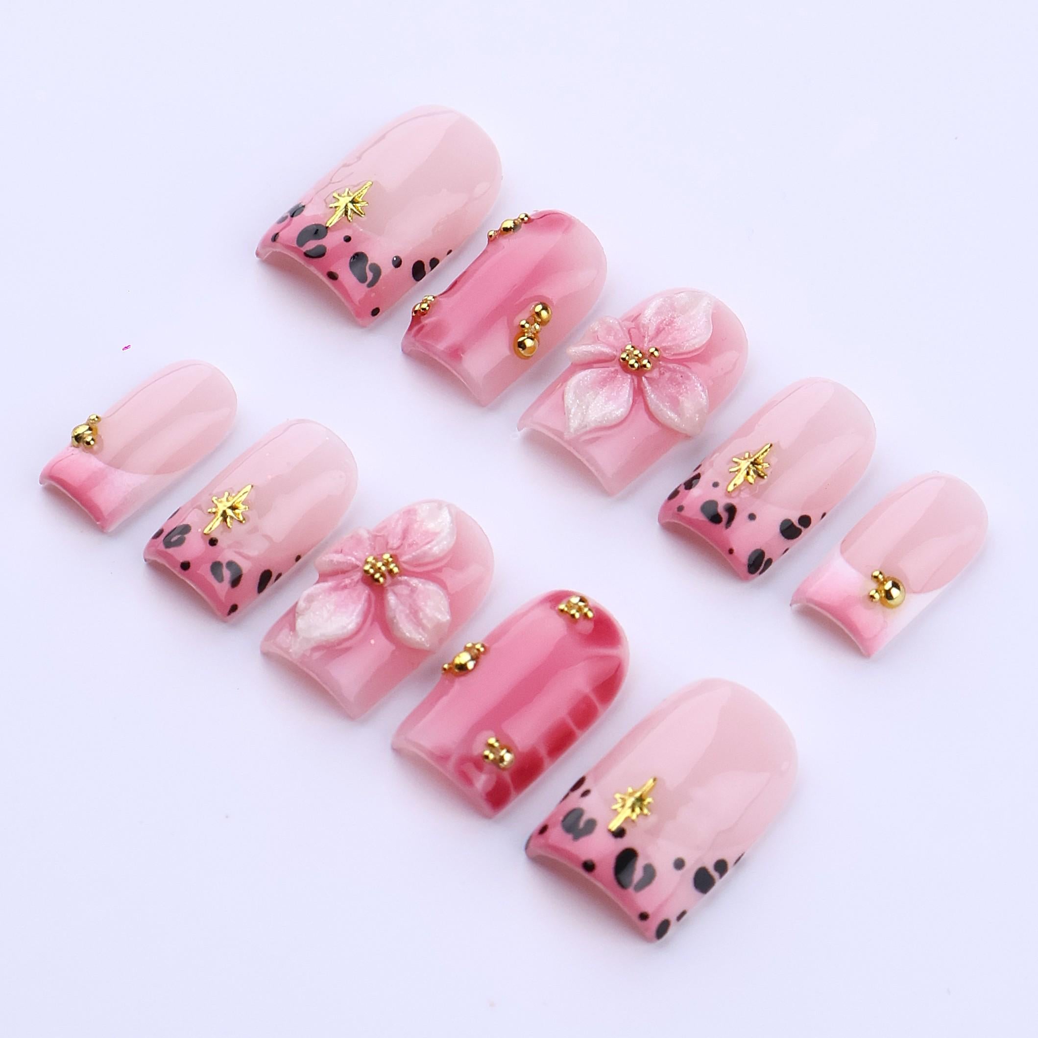 Spring Pink Leopard Press On Nails with 3D Flower & Gold Star Charms | Short Square Handmade Fake Nails Set for Birthday, Vacation, Party