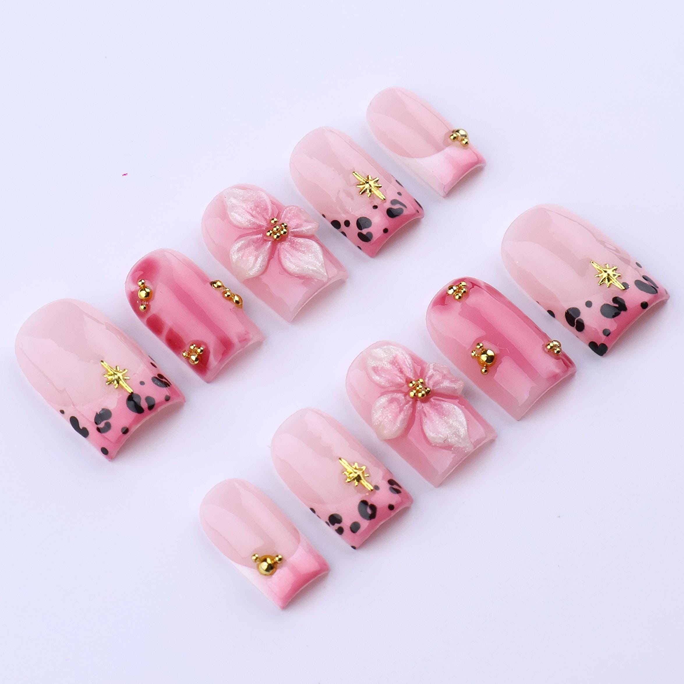 Spring Pink Leopard Press On Nails with 3D Flower & Gold Star Charms | Short Square Handmade Fake Nails Set for Birthday, Vacation, Party