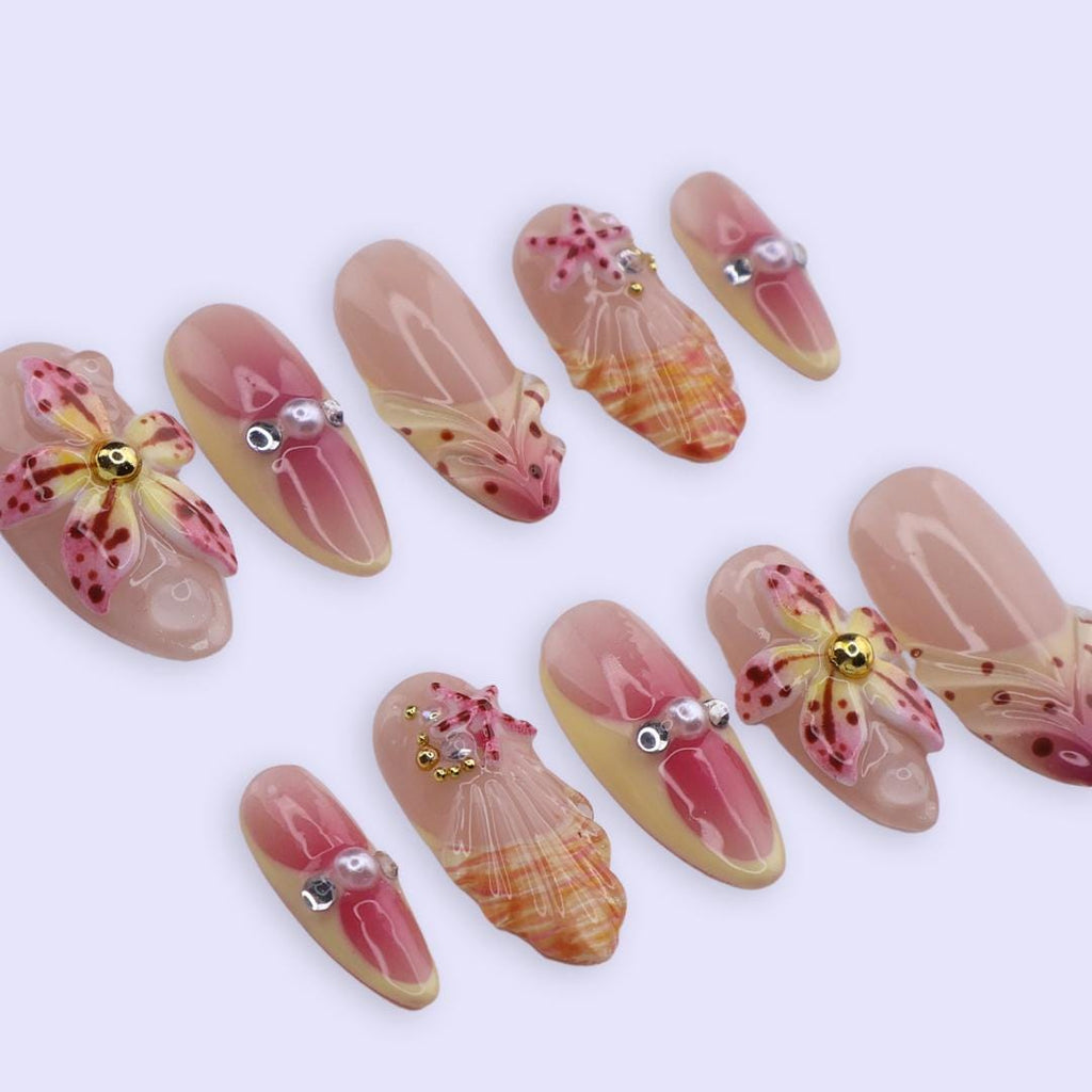 Spring Shoreline Press On Nails | Starfish & Seashell 3D Floral Design in Medium Almond | Pearl Accent Handmade Nail Art Set