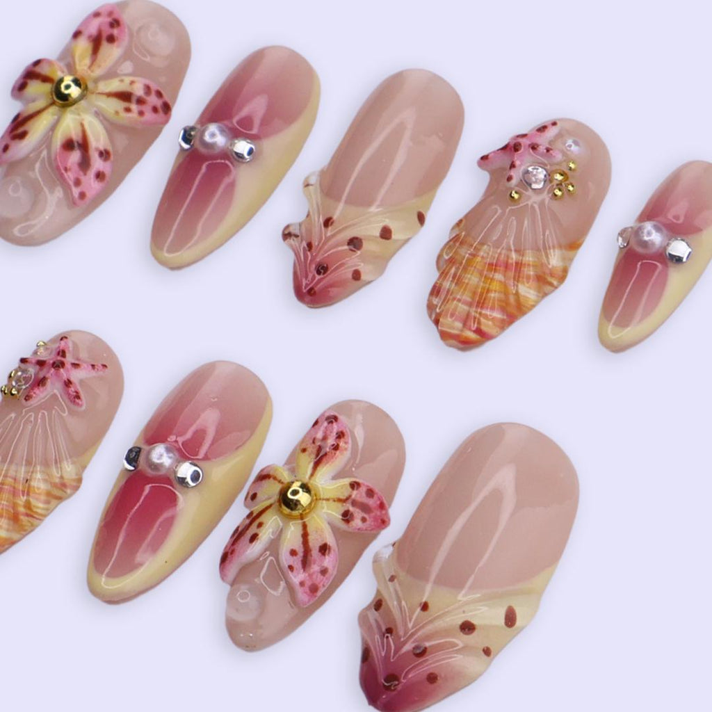 Spring Shoreline Press On Nails | Starfish & Seashell 3D Floral Design in Medium Almond | Pearl Accent Handmade Nail Art Set