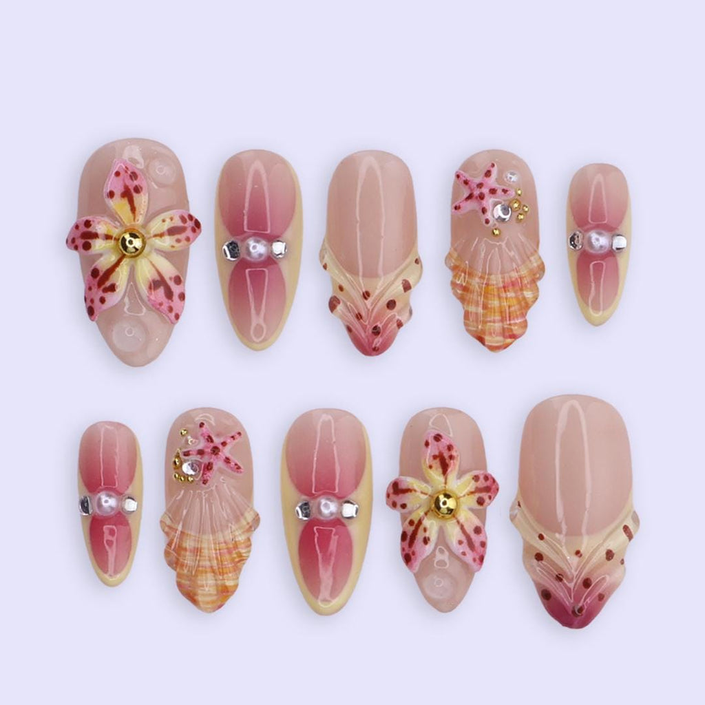 Spring Shoreline Press On Nails | Starfish & Seashell 3D Floral Design in Medium Almond | Pearl Accent Handmade Nail Art Set