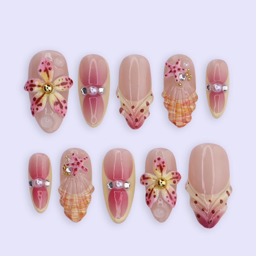 Spring Shoreline Press On Nails | Starfish & Seashell 3D Floral Design in Medium Almond | Pearl Accent Handmade Nail Art Set