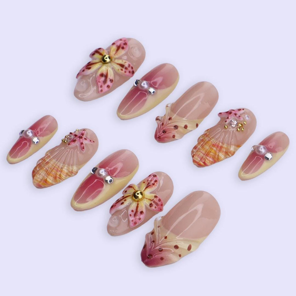 Spring Shoreline Press On Nails | Starfish & Seashell 3D Floral Design in Medium Almond | Pearl Accent Handmade Nail Art Set