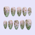 Spring Sage Bloom Press On Nails | 3D Pink Floral & Gold Swirl Design in Medium Almond | Elegant Handmade Nail Art Set