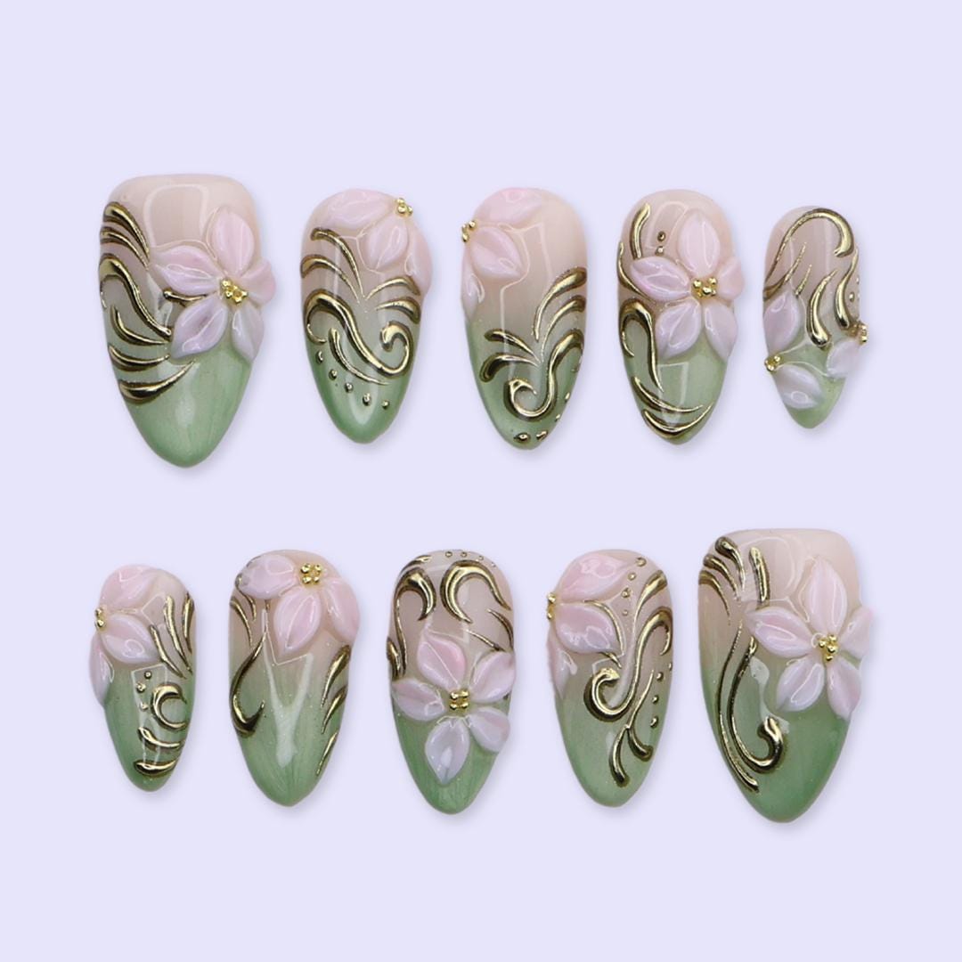 Spring Sage Bloom Press On Nails | 3D Pink Floral & Gold Swirl Design in Medium Almond | Elegant Handmade Nail Art Set
