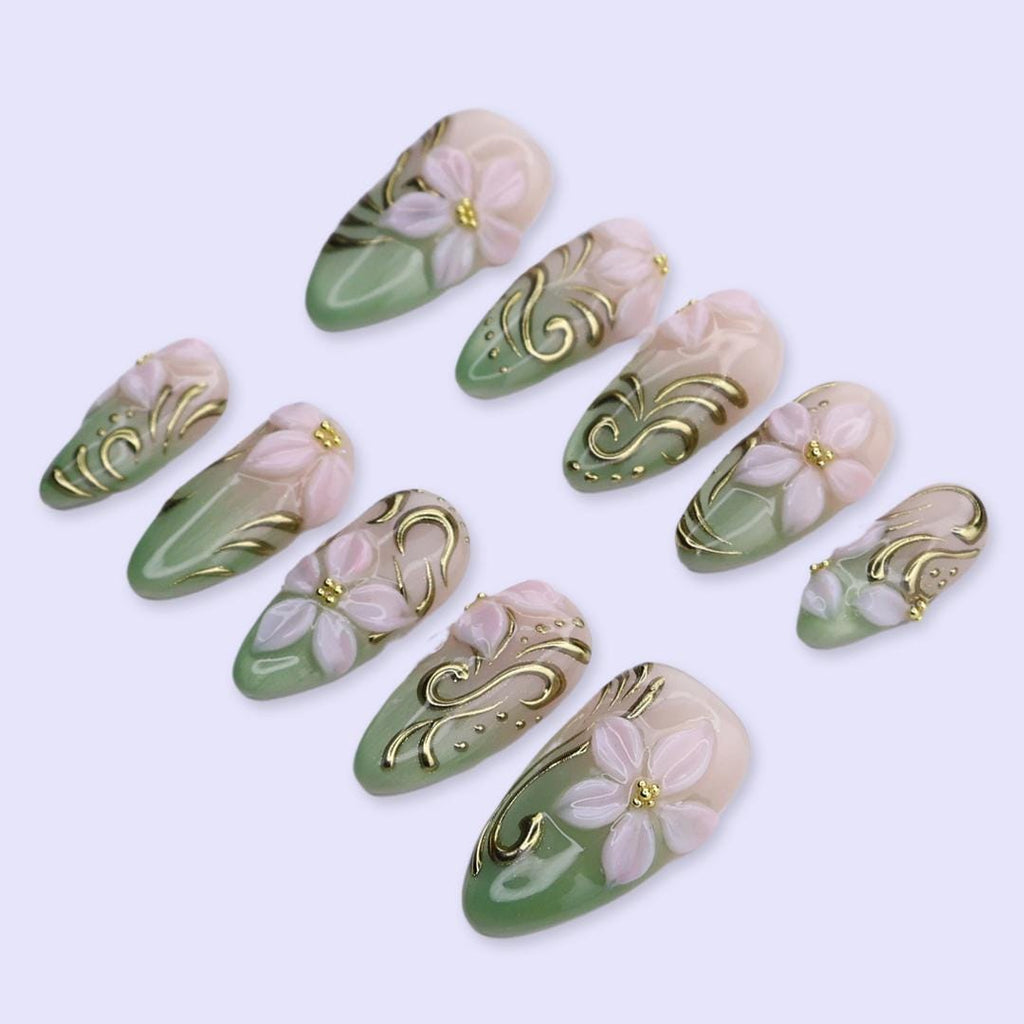 Spring Sage Bloom Press On Nails | 3D Pink Floral & Gold Swirl Design in Medium Almond | Elegant Handmade Nail Art Set
