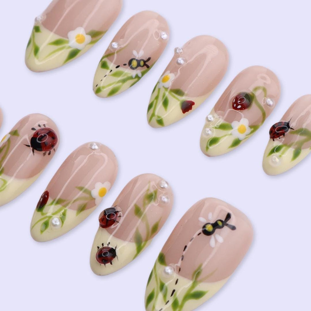 Spring Ladybug Garden Press On Nails | Daisy & Green French Tip in Medium Almond | Handmade Floral Fake Nail Set