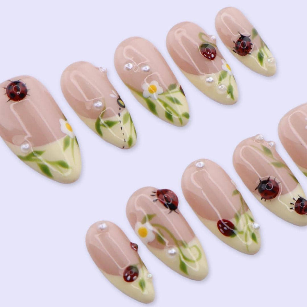 Spring Ladybug Garden Press On Nails | Daisy & Green French Tip in Medium Almond | Handmade Floral Fake Nail Set