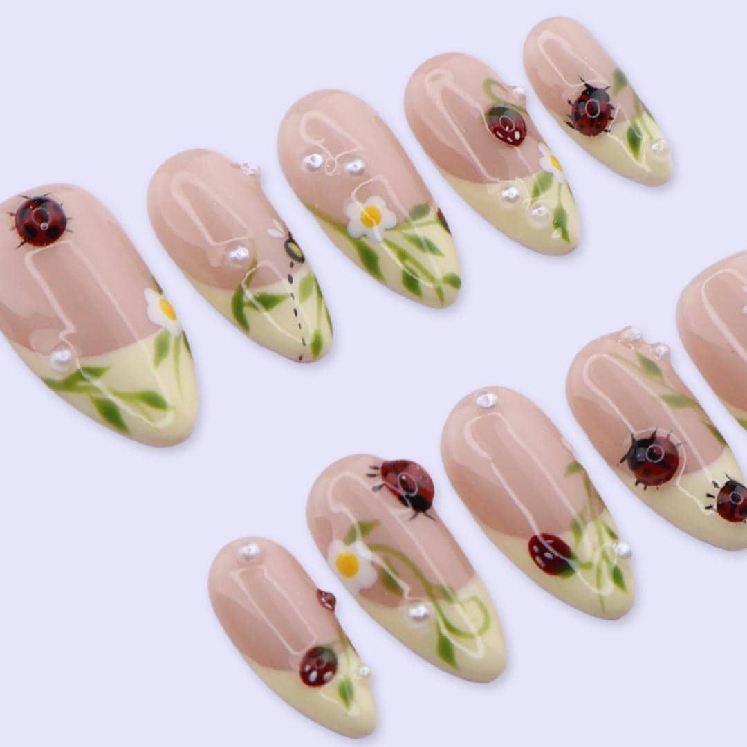 Spring Ladybug Garden Press On Nails | Daisy & Green French Tip in Medium Almond | Handmade Floral Fake Nail Set