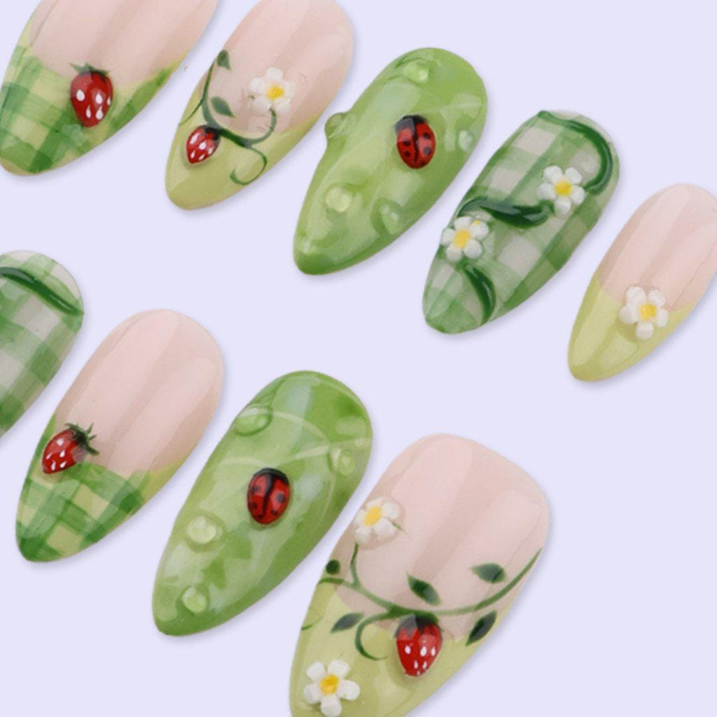 Spring Ladybug Press On Nails with Green Plaid & Daisy | Medium Almond Handmade Fake Nails | Garden Inspired Nail Art for Picnic, Vacation