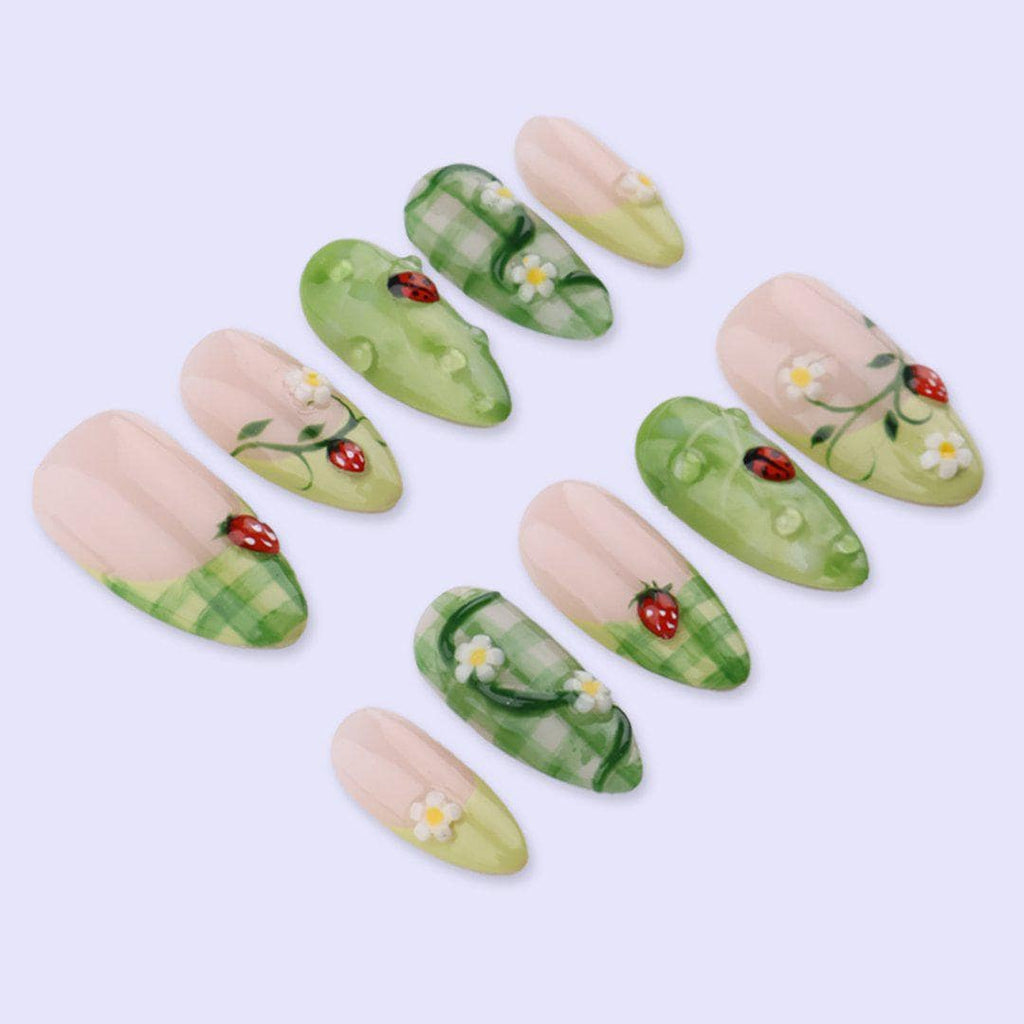 Spring Ladybug Press On Nails with Green Plaid & Daisy | Medium Almond Handmade Fake Nails | Garden Inspired Nail Art for Picnic, Vacation