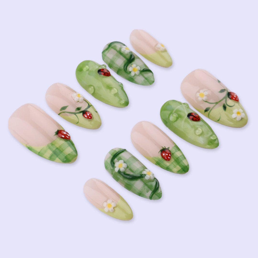 Spring Ladybug Press On Nails with Green Plaid & Daisy | Medium Almond Handmade Fake Nails | Garden Inspired Nail Art for Picnic, Vacation