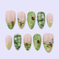 Spring Ladybug Press On Nails with Green Plaid & Daisy | Medium Almond Handmade Fake Nails | Garden Inspired Nail Art for Picnic, Vacation