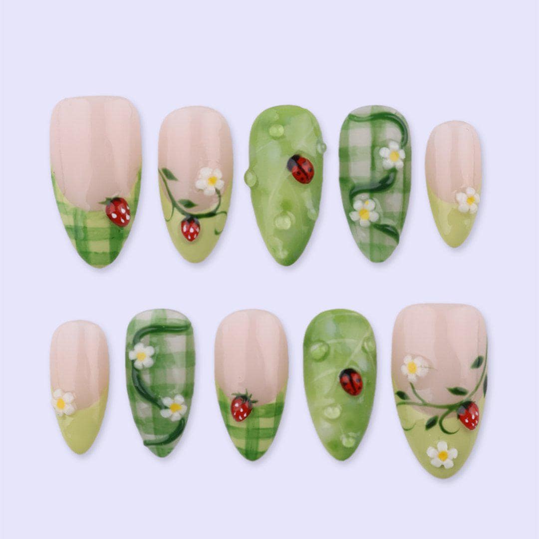 Spring Ladybug Press On Nails with Green Plaid & Daisy | Medium Almond Handmade Fake Nails | Garden Inspired Nail Art for Picnic, Vacation
