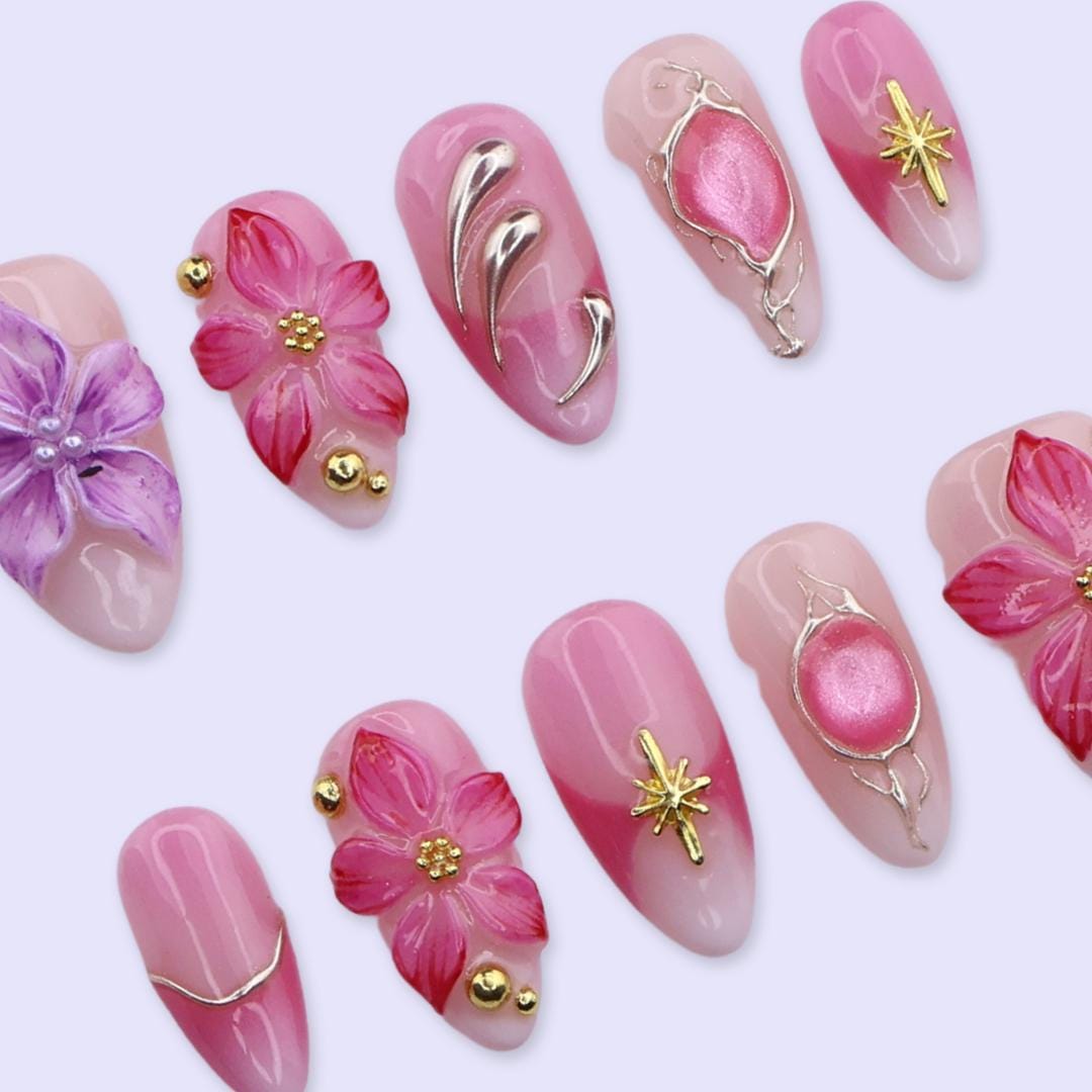 Pink Blossom Cat Eye Press On Nails | 3D Floral & Gold Star in Medium Almond | Handmade Elegant Fake Nail Set