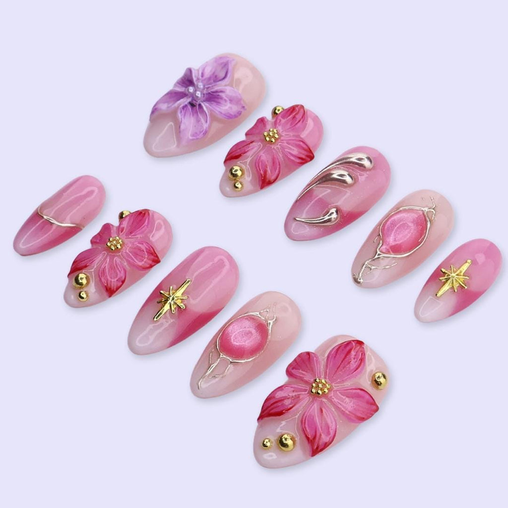 Pink Blossom Cat Eye Press On Nails | 3D Floral & Gold Star in Medium Almond | Handmade Elegant Fake Nail Set