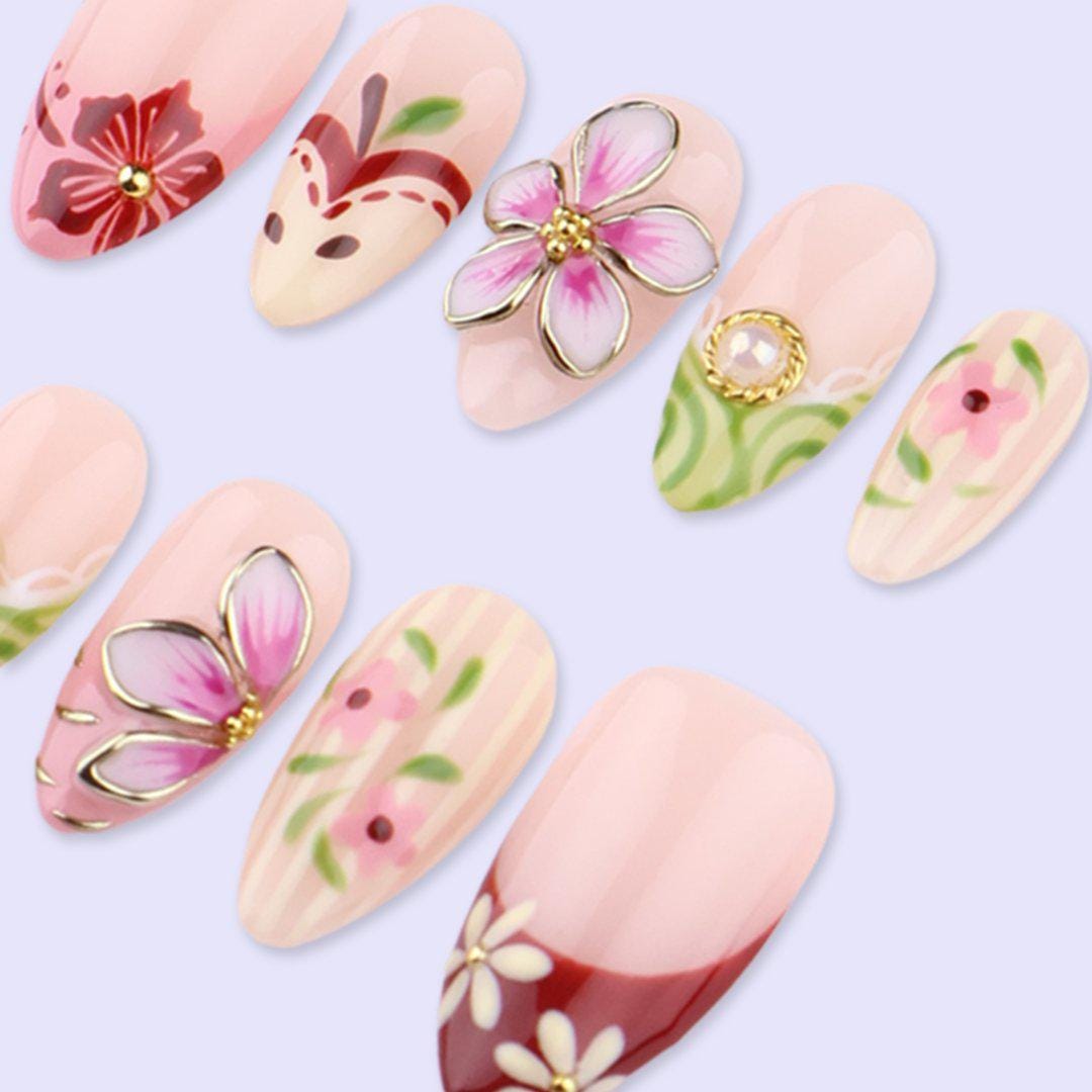 Spring Floral Press On Nails with 3D Flower & Petals | Medium Almond Handmade Fake Nails | Elegant Garden Nail Art for Wedding, Vacation
