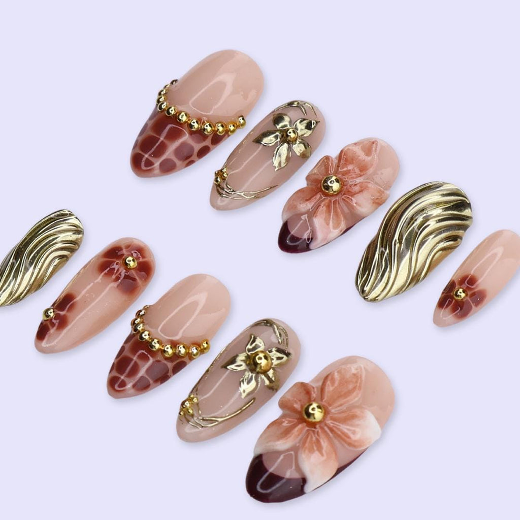 Spring Mocha Bloom Press On Nails | Gold Sculpted Floral & Leopard Accent | Medium Almond Handmade Nails Art