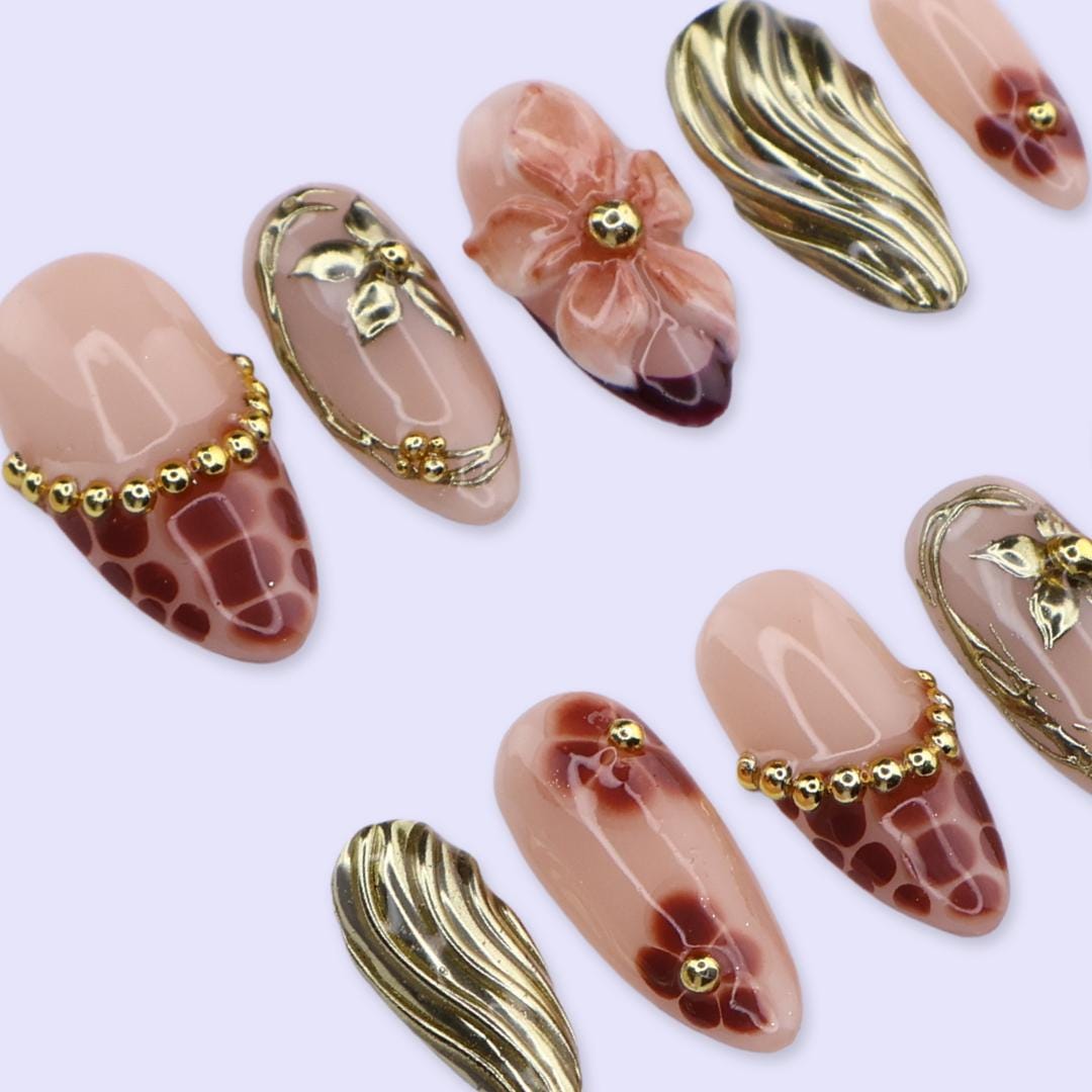 Spring Mocha Bloom Press On Nails | Gold Sculpted Floral & Leopard Accent | Medium Almond Handmade Nails Art