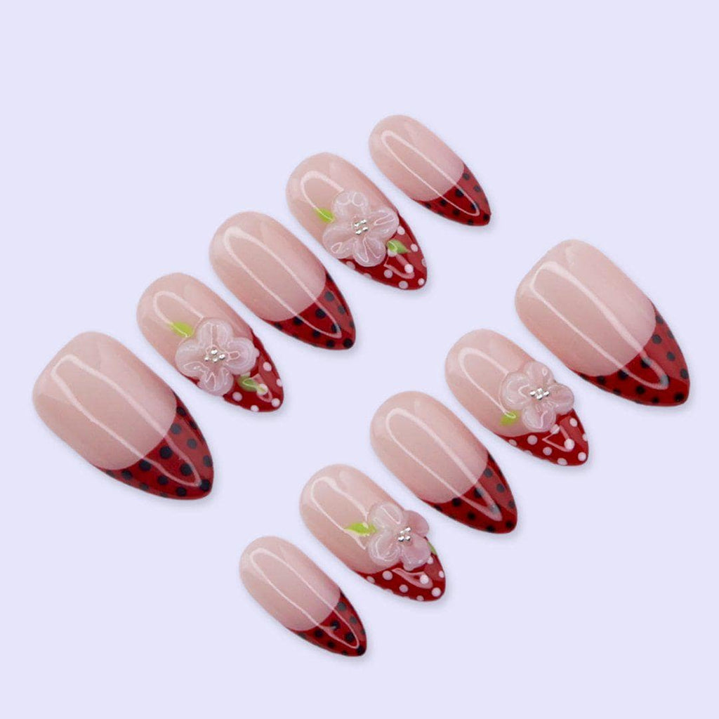 Spring Red Polka Dot French Press On Nails with 3D Flower | Medium Almond Handmade Fake Nails | Cute Retro Nail Art for Date Night, Vacation