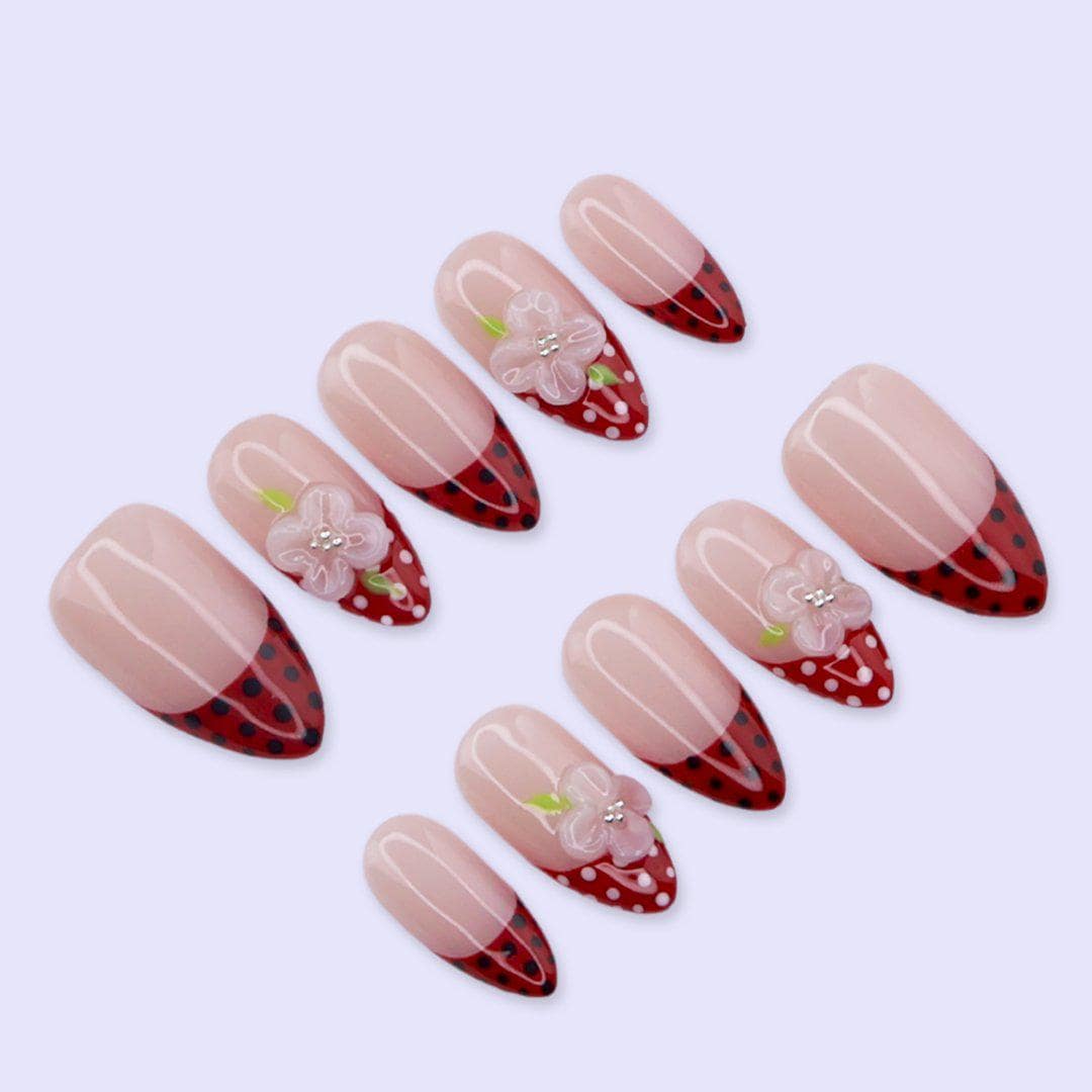 Spring Red Polka Dot French Press On Nails with 3D Flower | Medium Almond Handmade Fake Nails | Cute Retro Nail Art for Date Night, Vacation