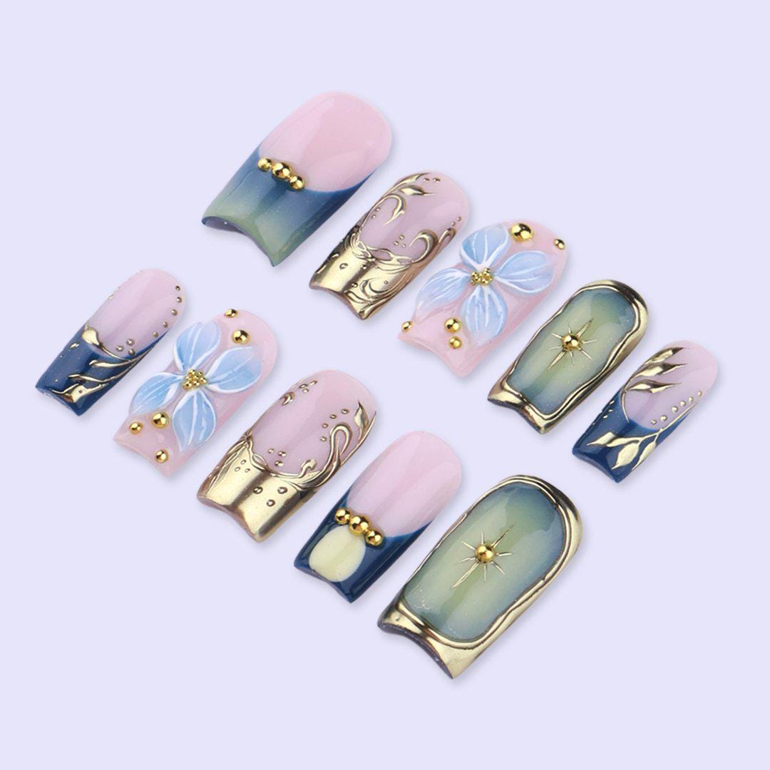 Blue Gold Press On Nails with 3D Flower & Star Frame | Medium Square Handmade Fake Nails | Luxury Celestial Nail Art for Party