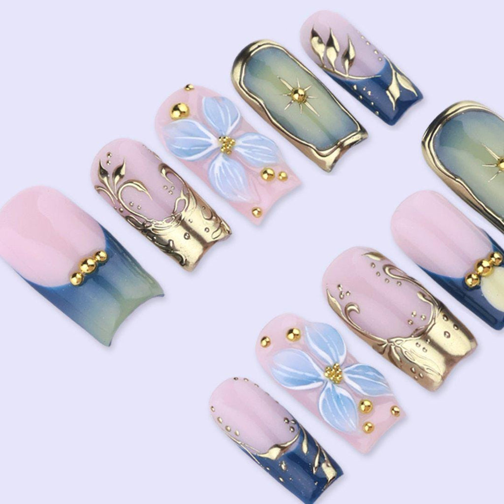 Blue Gold Press On Nails with 3D Flower & Star Frame | Medium Square Handmade Fake Nails | Luxury Celestial Nail Art for Party