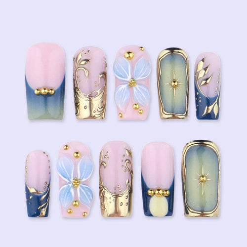 Blue Gold Press On Nails with 3D Flower & Star Frame | Medium Square Handmade Fake Nails | Luxury Celestial Nail Art for Party