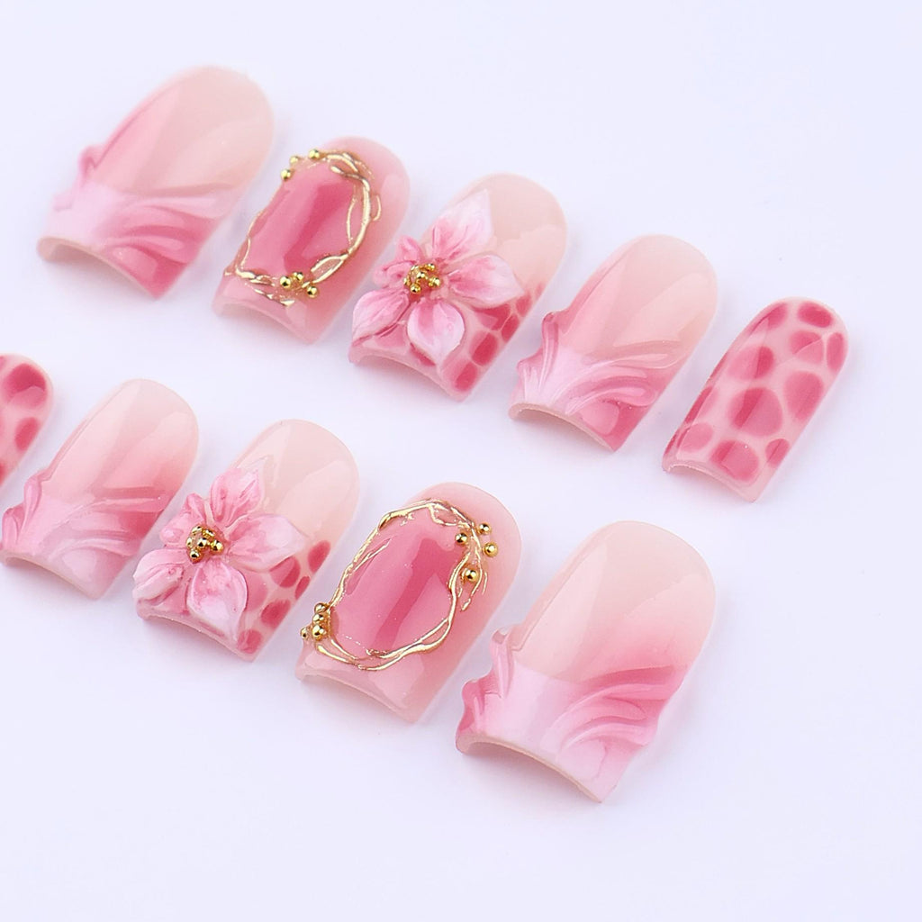 Spring Press On Nails with Pink Floral & Gold Frame | 3D Fake Nails in Short Square | Handmade Nail Art for Everyday Wear Or Gift