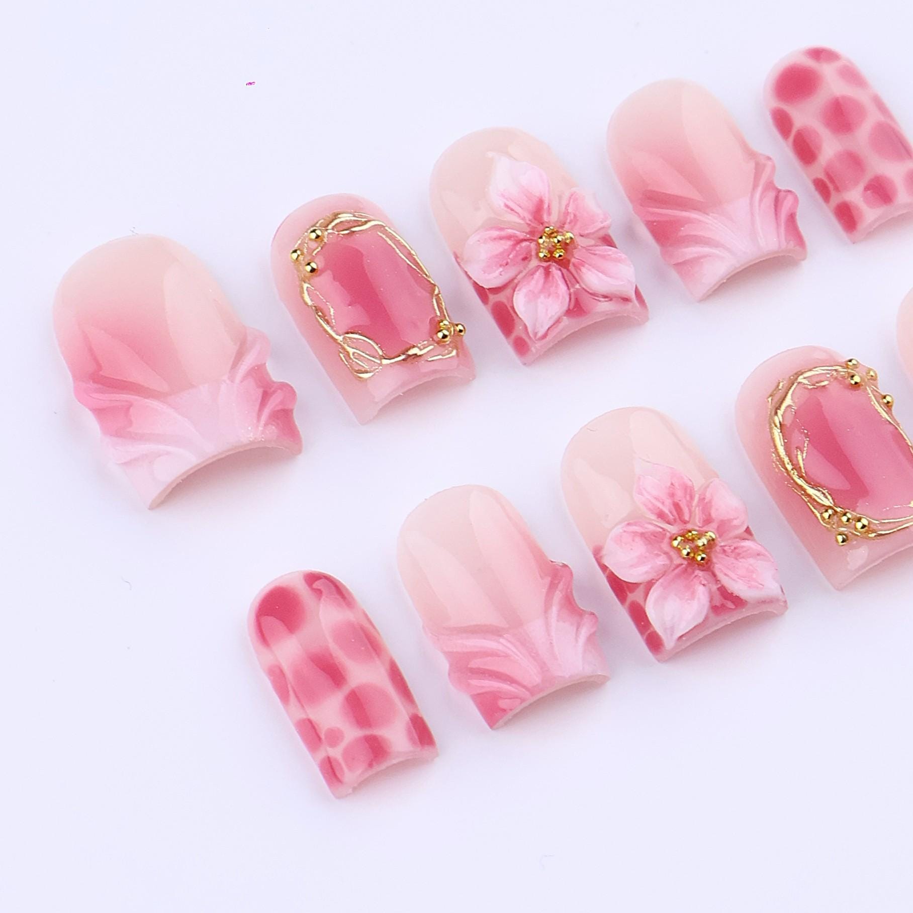 Spring Press On Nails with Pink Floral & Gold Frame | 3D Fake Nails in Short Square | Handmade Nail Art for Everyday Wear Or Gift