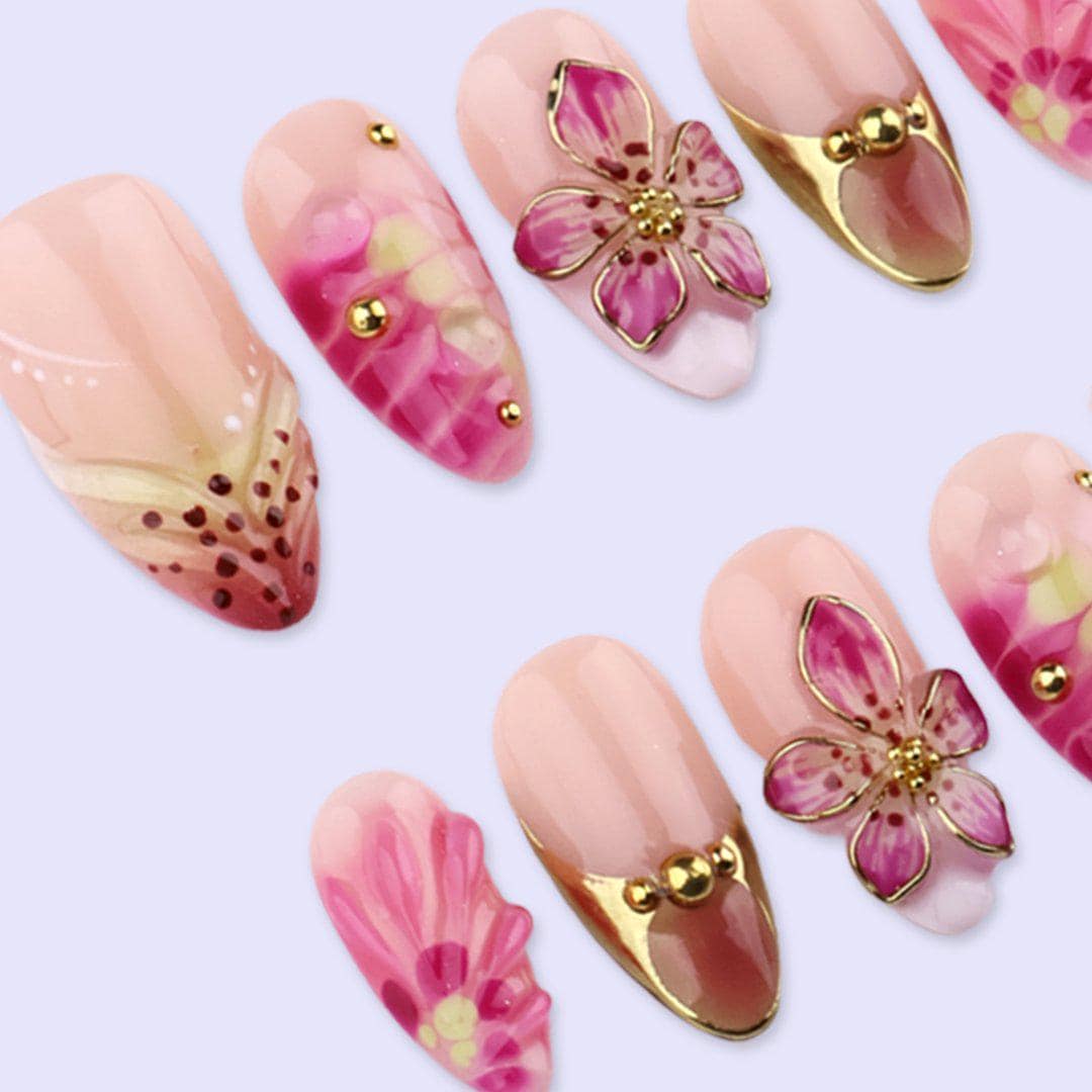 Pink Floral Press On Nails with 3D Flower & Gold Accent | Medium Almond Fake Nails | Handmade Elegant Nail Art for Spring, Wedding, Vacation