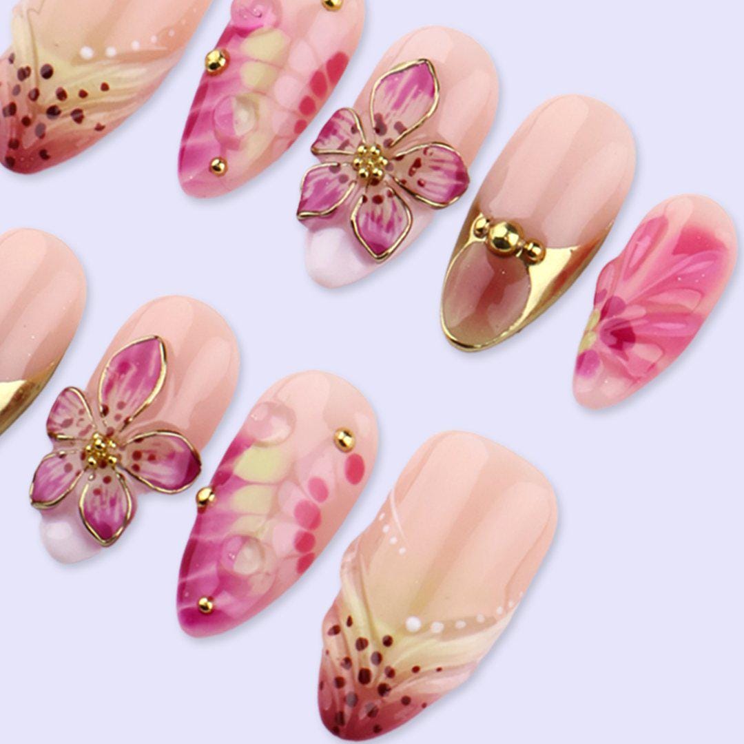 Pink Floral Press On Nails with 3D Flower & Gold Accent | Medium Almond Fake Nails | Handmade Elegant Nail Art for Spring, Wedding, Vacation