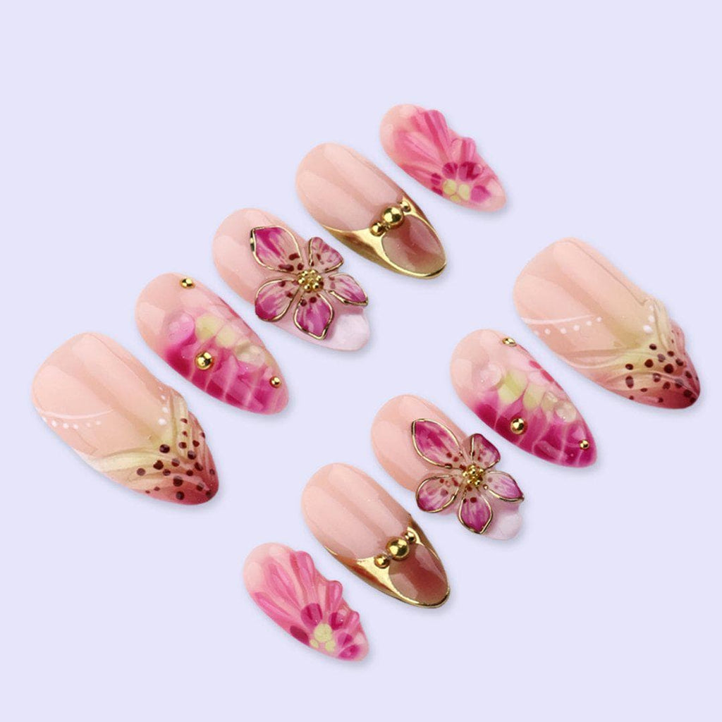Pink Floral Press On Nails with 3D Flower & Gold Accent | Medium Almond Fake Nails | Handmade Elegant Nail Art for Spring, Wedding, Vacation