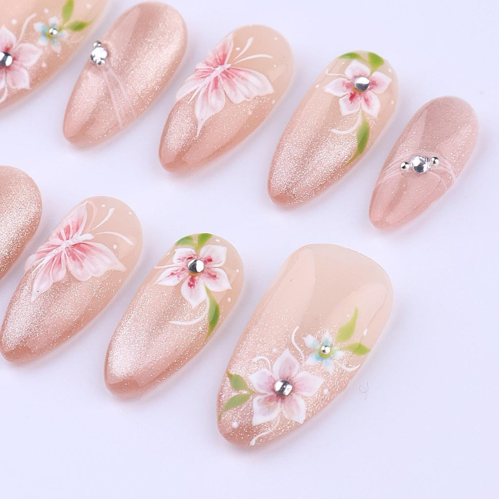 Blush Cat Eye Floral Press On Nails | Pink Butterfly & Crystal Accent in Medium Almond | Handmade Romantic Nail Set
