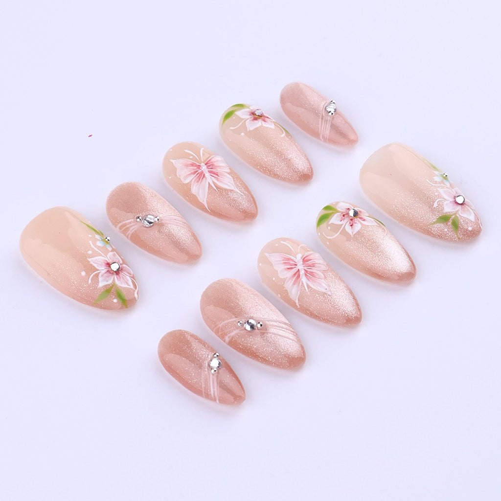 Blush Cat Eye Floral Press On Nails | Pink Butterfly & Crystal Accent in Medium Almond | Handmade Romantic Nail Set
