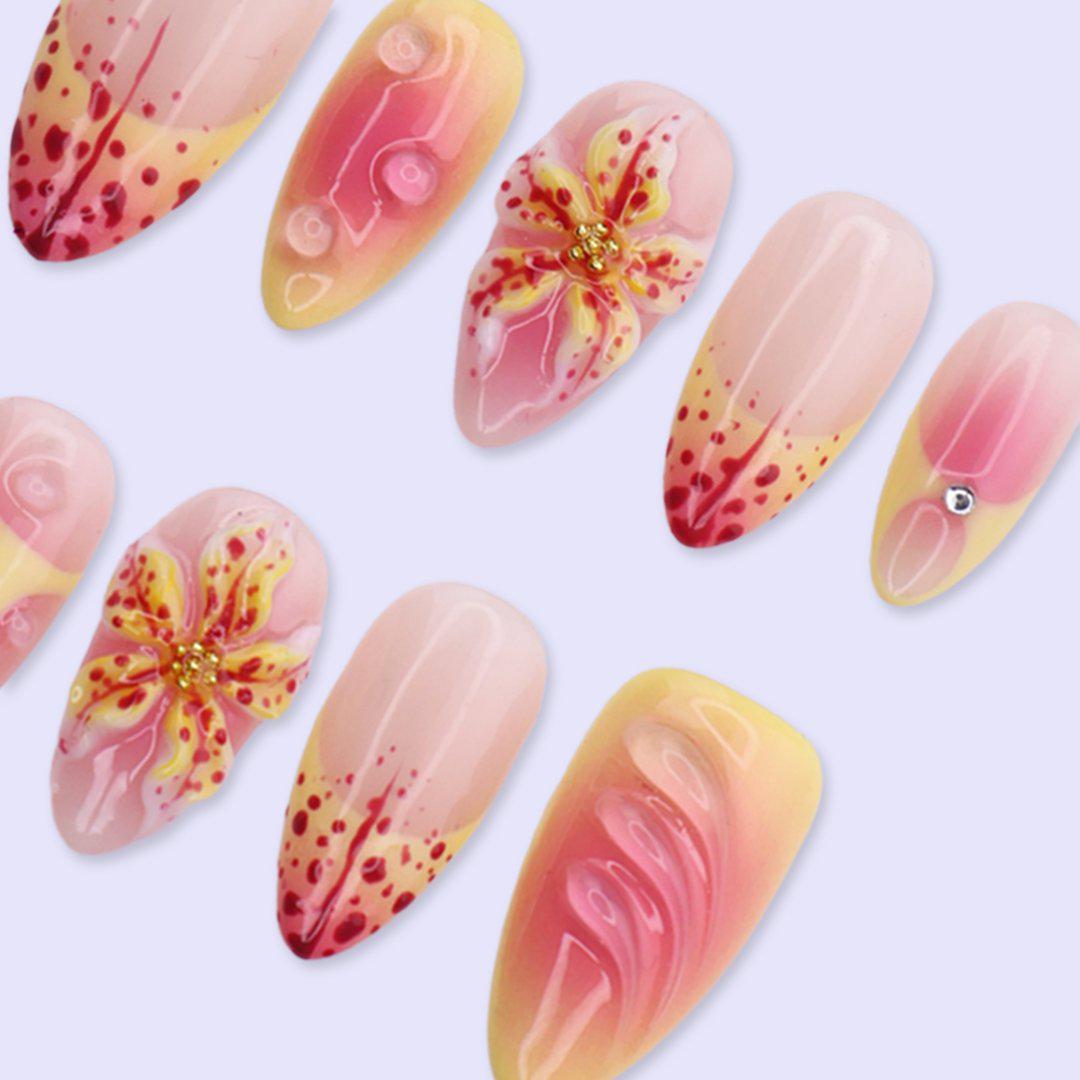 Tropical Hibiscus Press On Nails in Pink & Yellow | 3D Flower Medium Almond Handmade Fake Nails | Summer Nail Art for Vacation, Beach, Party