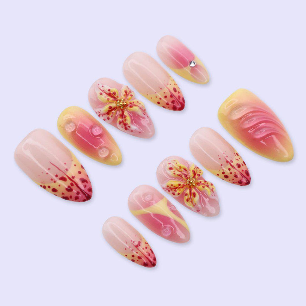 Tropical Hibiscus Press On Nails in Pink & Yellow | 3D Flower Medium Almond Handmade Fake Nails | Summer Nail Art for Vacation, Beach, Party
