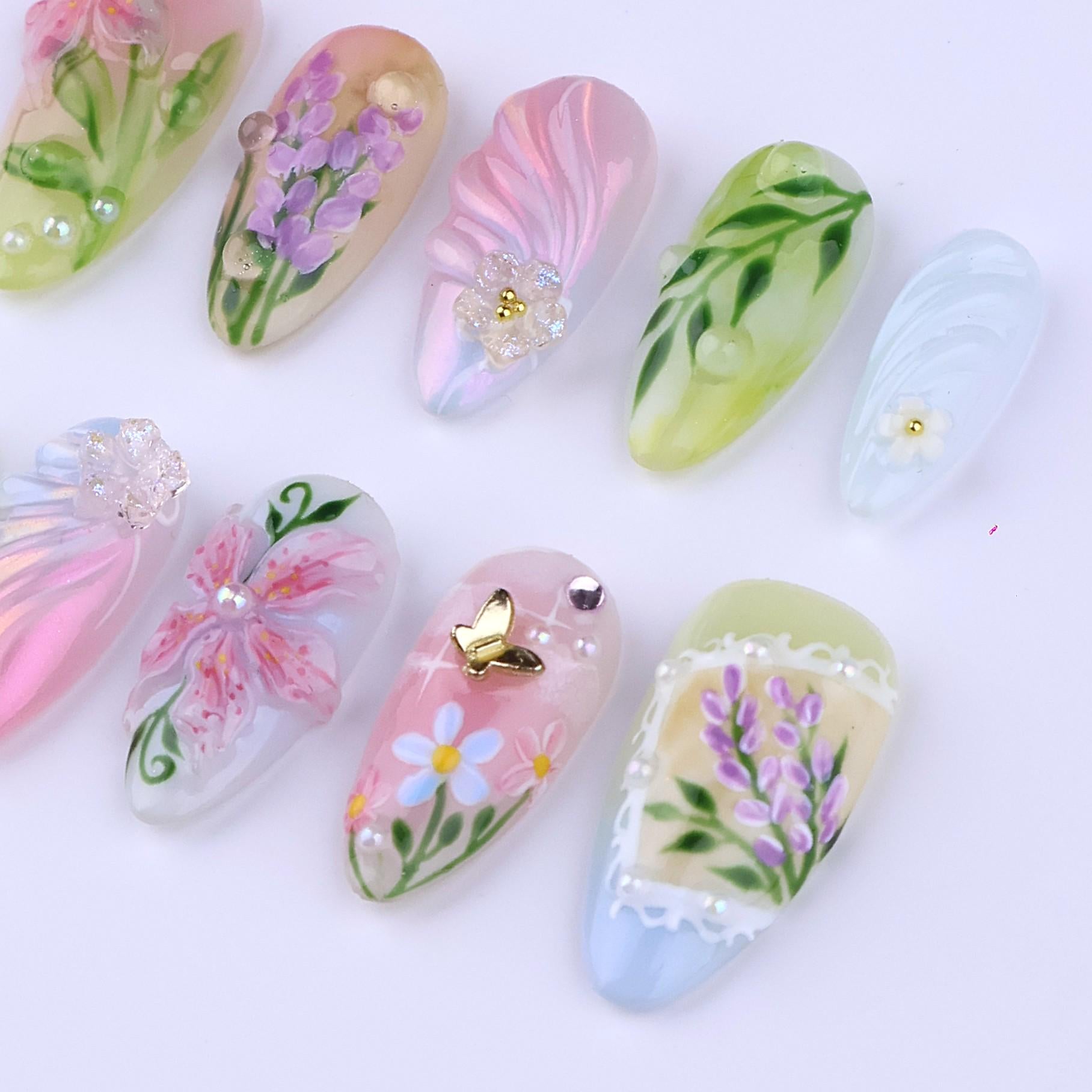 Spring Pastel Garden Press On Nails | Hand Painted Floral & Butterfly in Medium Almond | 3D Romantic Nail Art Set