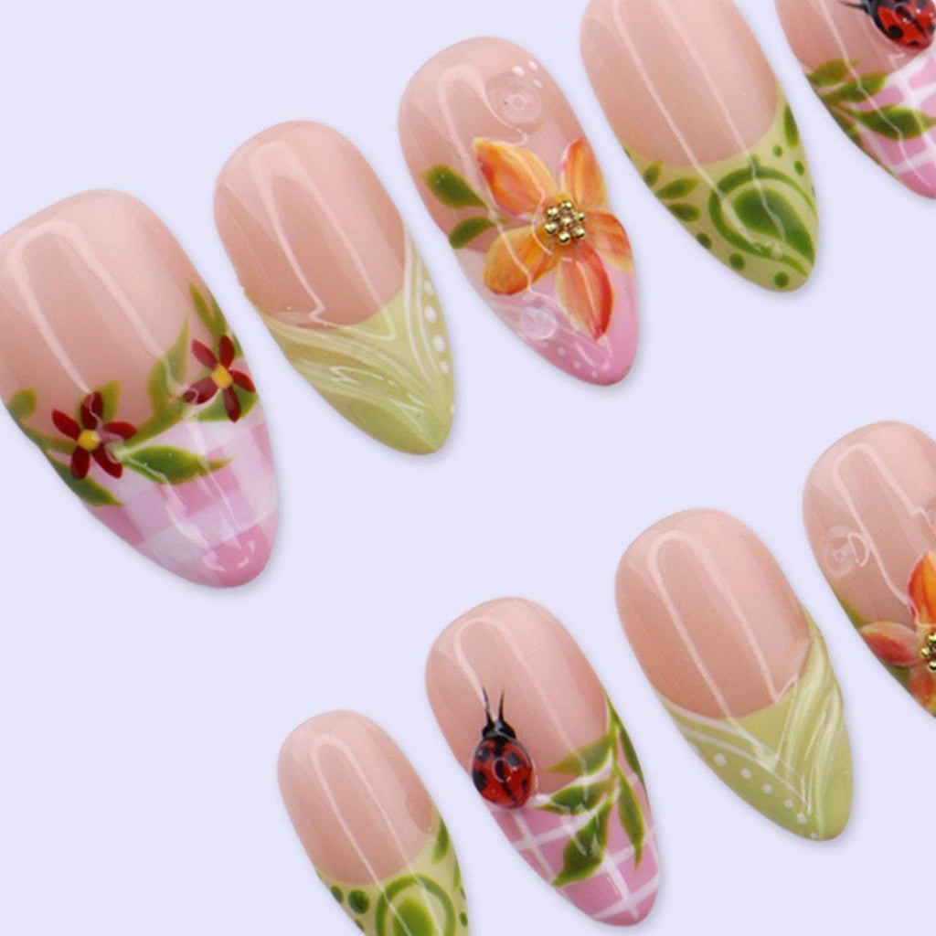 Spring Ladybug Garden Press On Nails with Floral & Pink Plaid | Medium Almond Fake Nails | Handmade Nail Art for Picnic, Vacation
