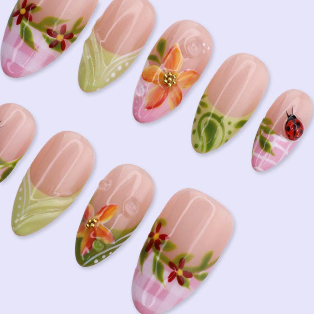 Spring Ladybug Garden Press On Nails with Floral & Pink Plaid | Medium Almond Fake Nails | Handmade Nail Art for Picnic, Vacation