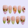 Spring Ladybug Garden Press On Nails with Floral & Pink Plaid | Medium Almond Fake Nails | Handmade Nail Art for Picnic, Vacation